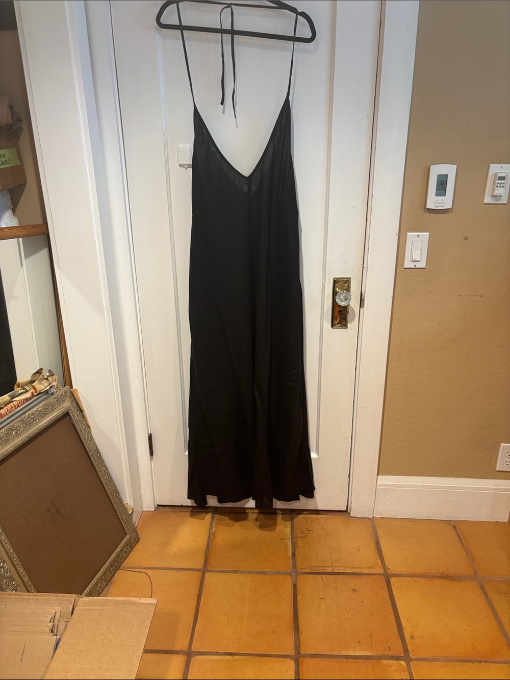 Black Slip Dress with V-Neck and Spaghetti Straps in linen. 100% linen Size 24